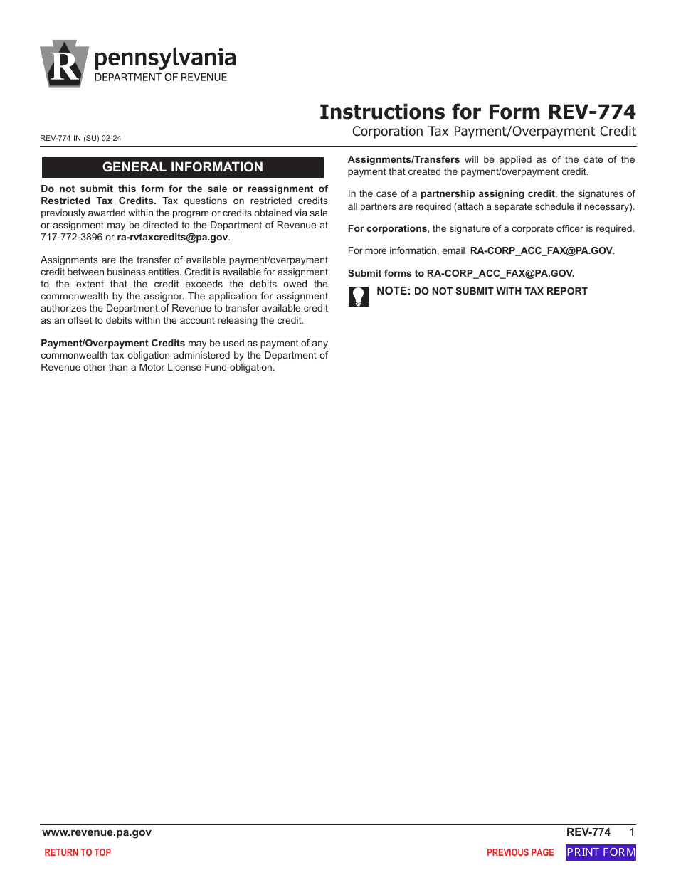Form REV-774 Corporation Tax Payment / Overpayment Credit - Pennsylvania, Page 3