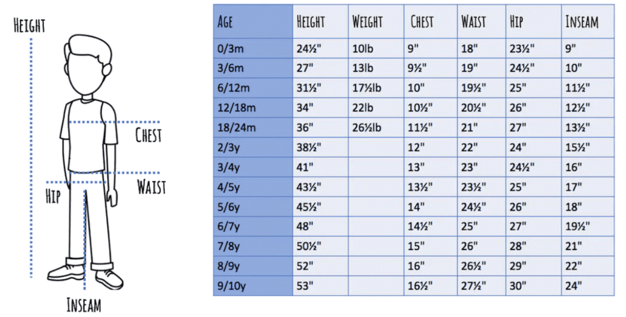 Boys' Shirt Size Chart - Blue and Grey