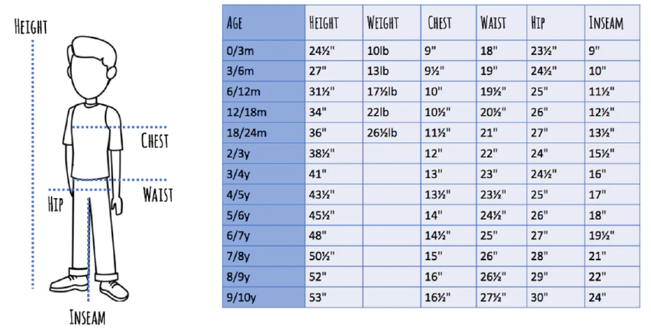 Boys Shirt Size Chart - Blue and Grey, Page 1