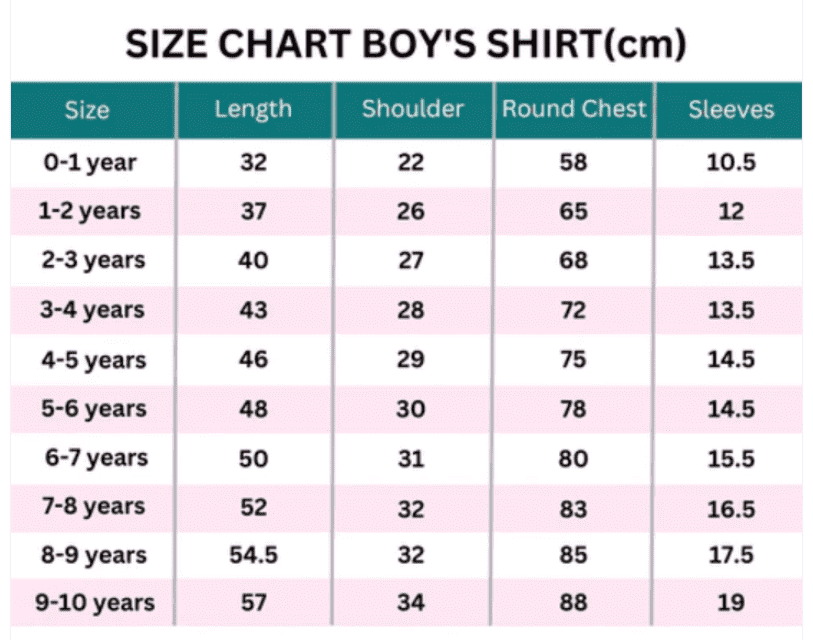 Boys' Shirt Size Chart - Cm