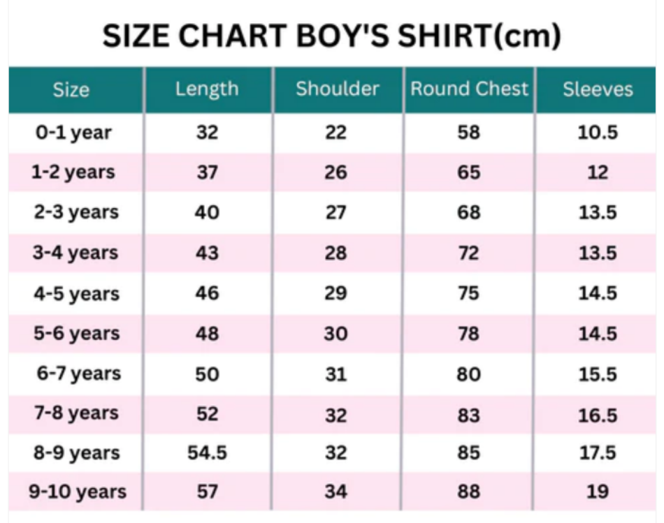 Boys' Shirt Size Chart - Cm Download Printable PDF | Templateroller