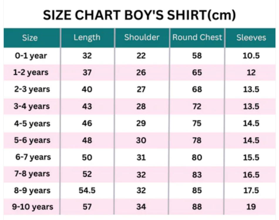 Boys Shirt Size Chart - Cm, Page 1