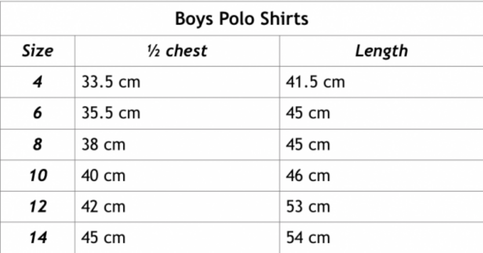 Boys Shirt Size Chart - Polo, Page 1