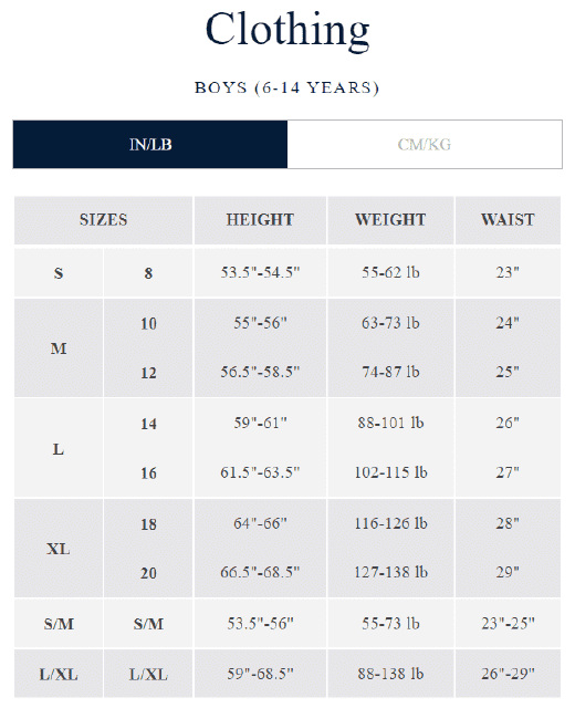 Boys' Shirt Size Chart - 6-14 Years