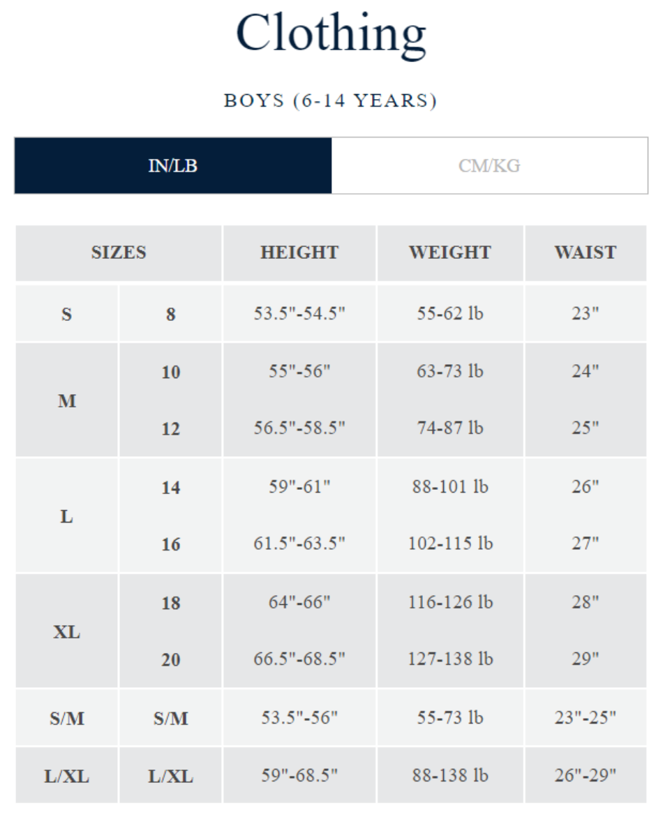 Boys Shirt Size Chart - 6-14 Years, Page 1