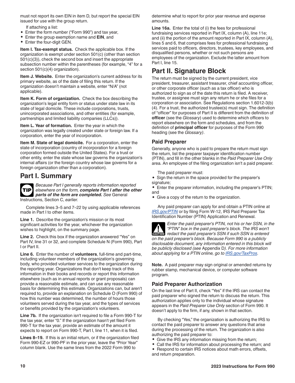 Instructions for IRS Form 990 Return of Organization Exempt From Income Tax, Page 10