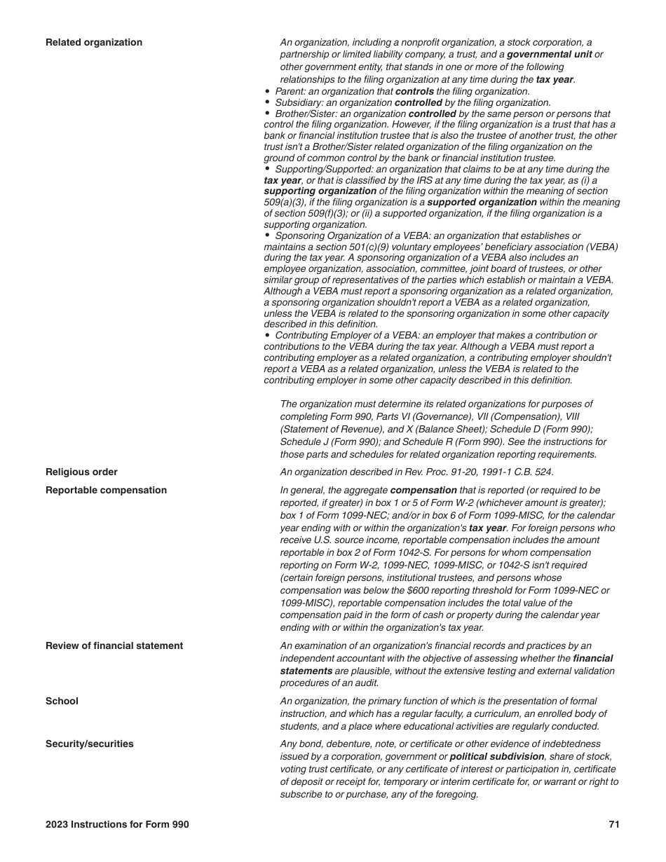 Instructions for IRS Form 990 Return of Organization Exempt From Income Tax, Page 71