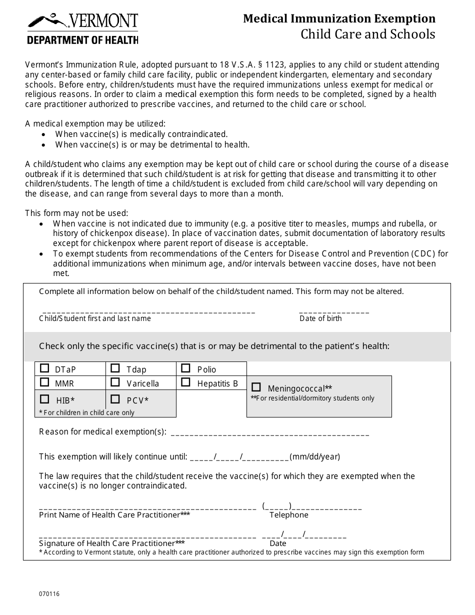 Medical Immunization Exemption - Child Care and Schools - Vermont, Page 1