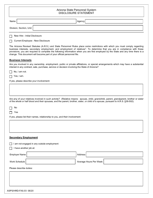 Form ASPS/HRD FA5.03 Disclosure Statement - Arizona
