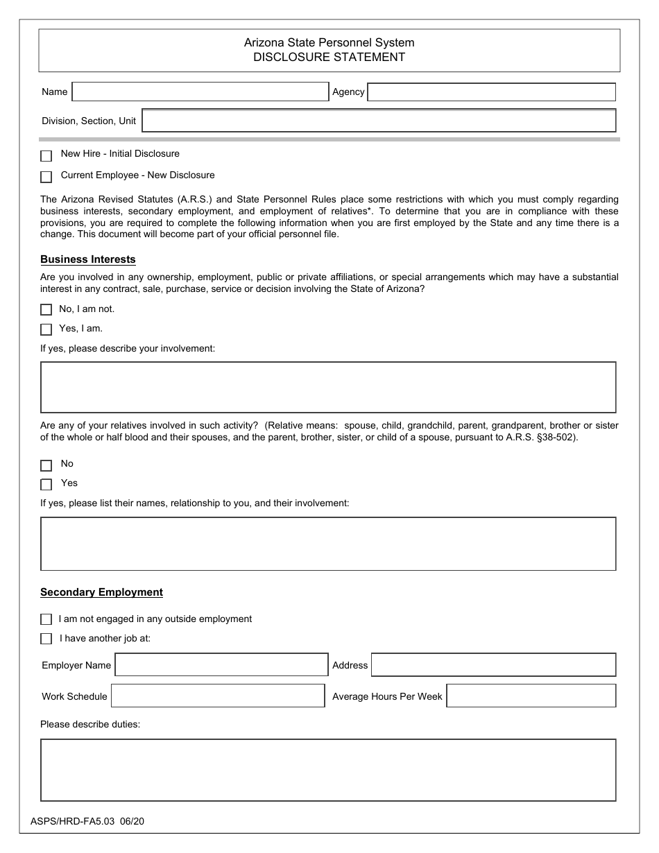 Form ASPS / HRD FA5.03 Disclosure Statement - Arizona, Page 1