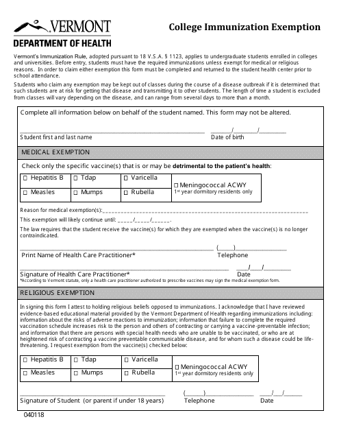 College Immunization Exemption - Vermont