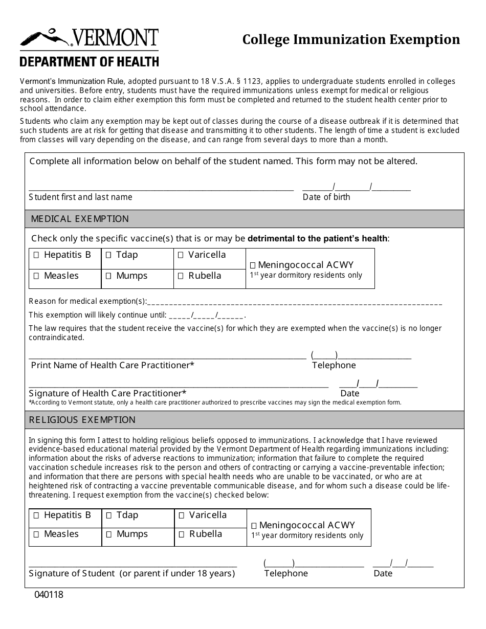 College Immunization Exemption - Vermont, Page 1