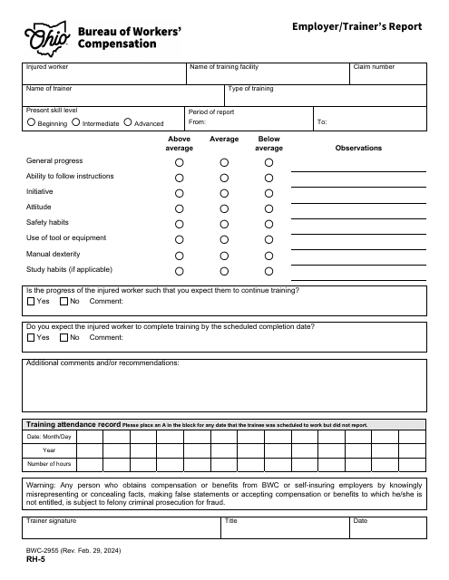 Form RH-5 (BWC-2955) Employer/Trainer's Report - Ohio