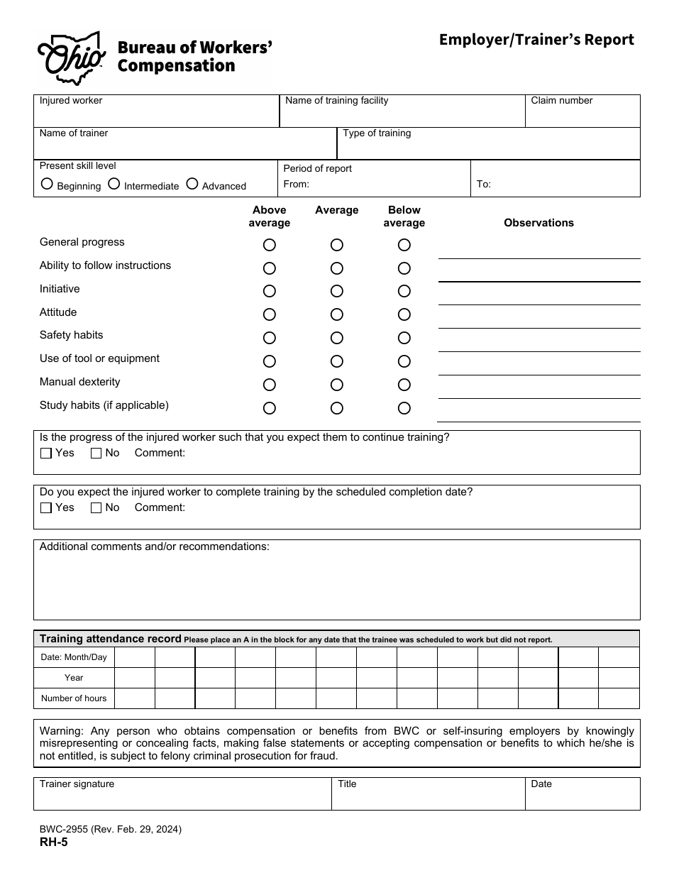 Form RH-5 (BWC-2955) Employer / Trainers Report - Ohio, Page 1