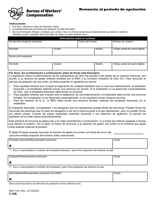 Formulario C-108 (BWC-1231) Renuncia Al Periodo De Apelacion - Ohio (Spanish)