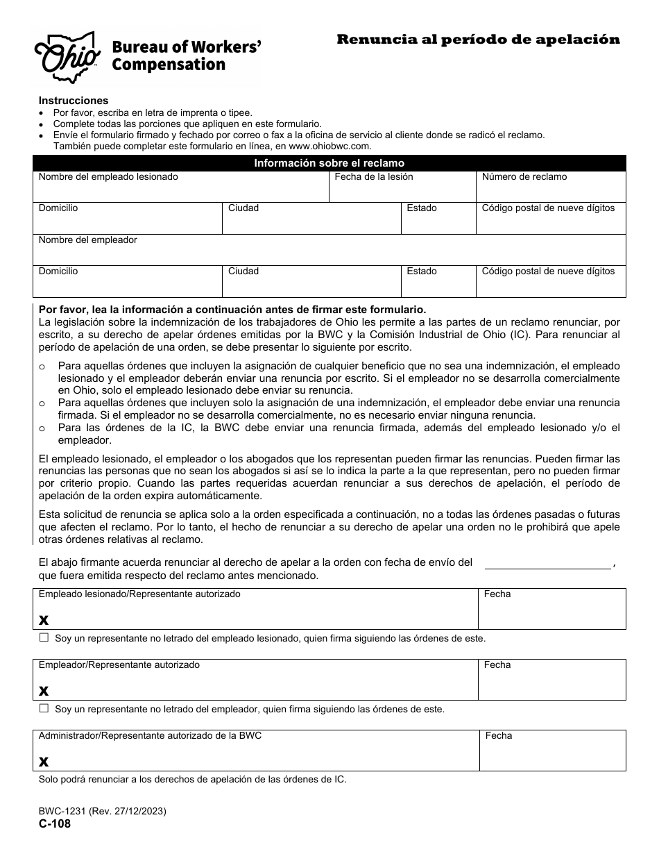 Formulario C-108 (BWC-1231) Renuncia Al Periodo De Apelacion - Ohio (Spanish), Page 1