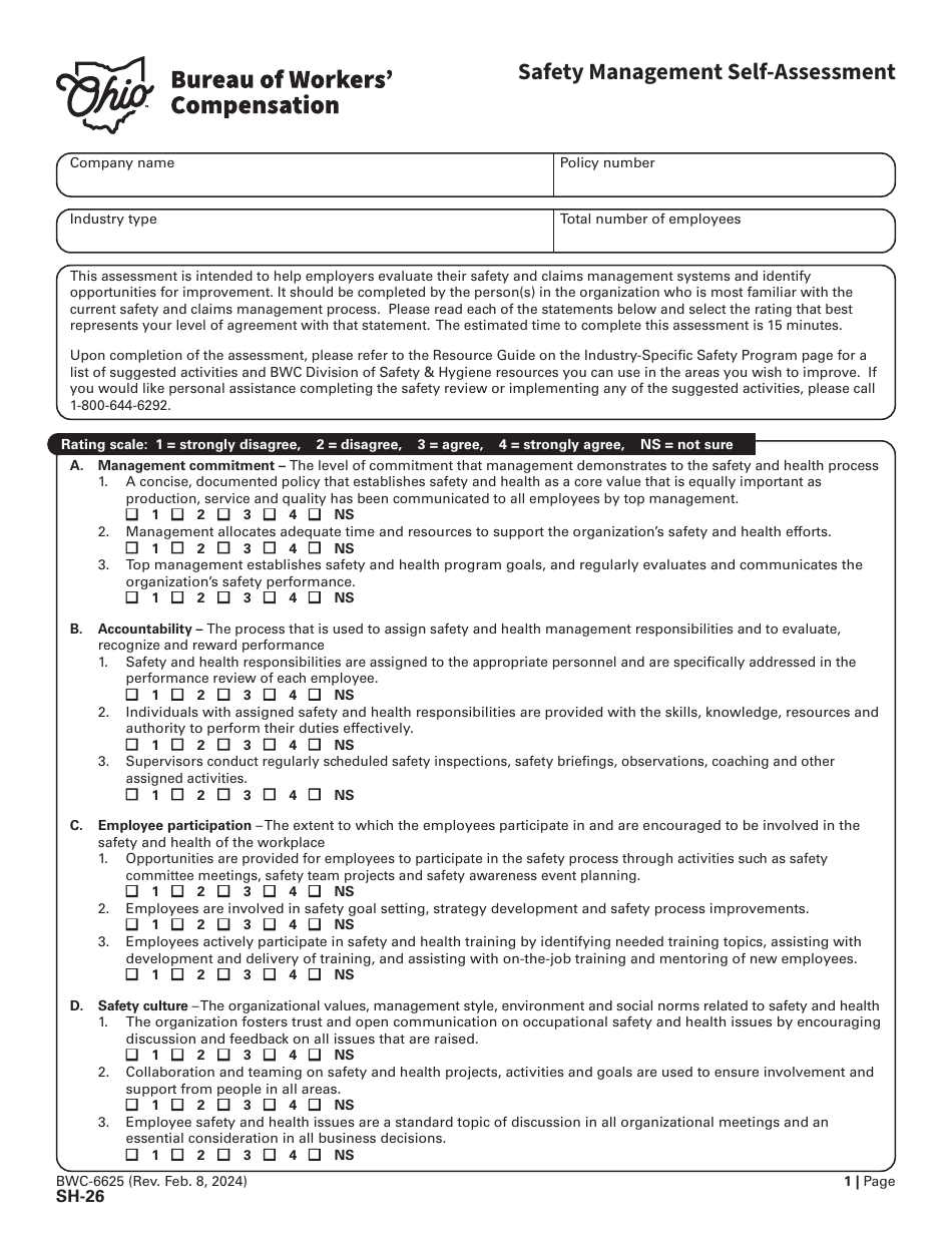 Form SH-26 (BWC-6625) Safety Management Self-assessment - Ohio, Page 1