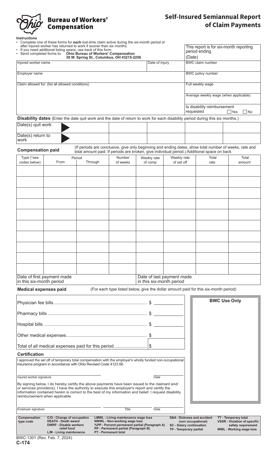 Form C-174 (BWC-1301) Download Printable PDF or Fill Online Self ...