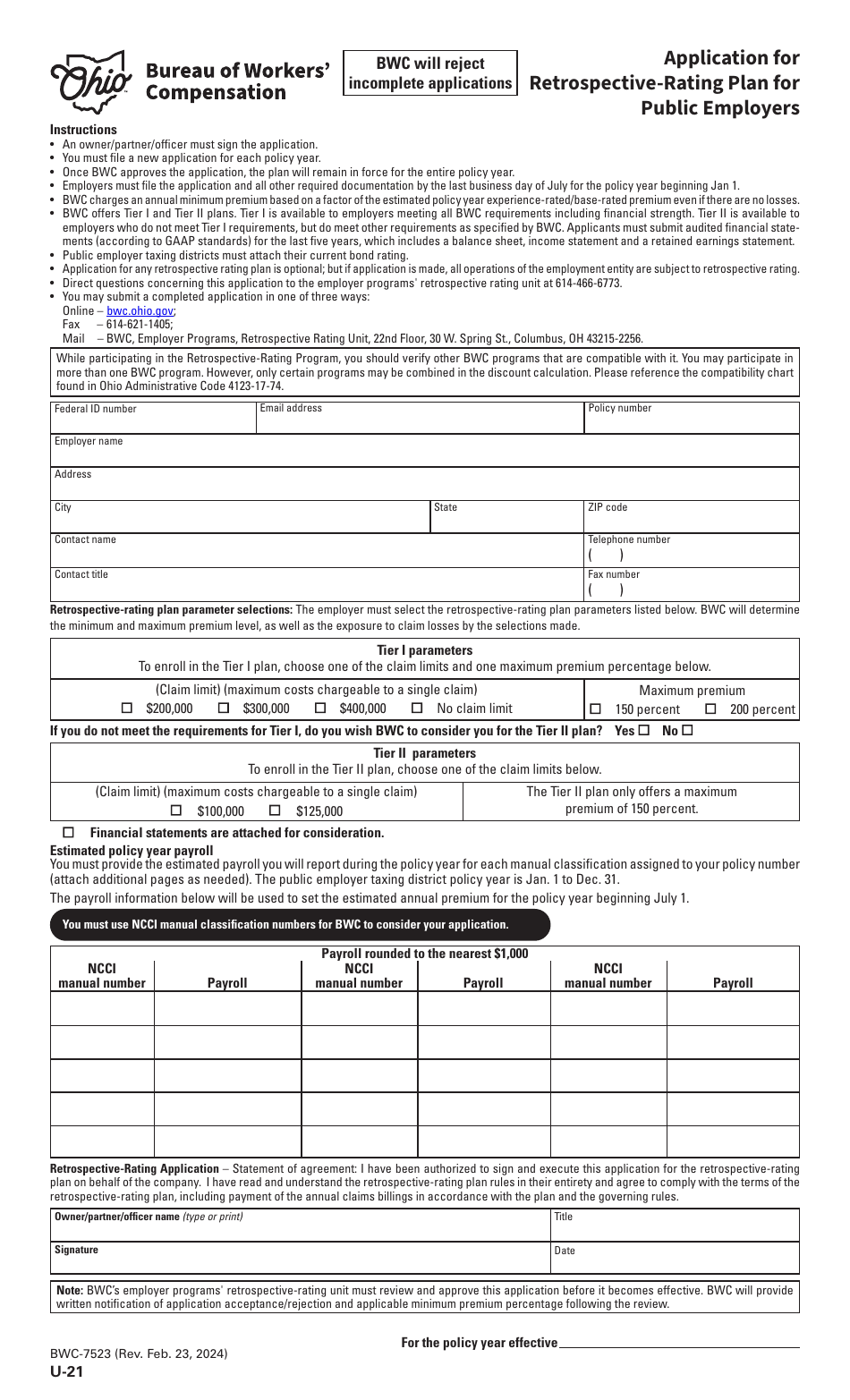 Form U-21 (BWC-7523) Application for Retrospective-Rating Plan for Public Employers - Ohio, Page 1