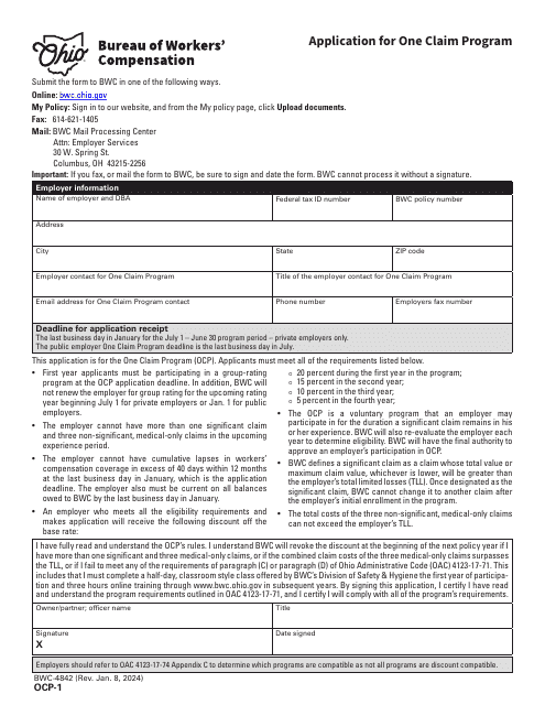 Form OCP-1 (BWC-4842) Application for One Claim Program - Ohio