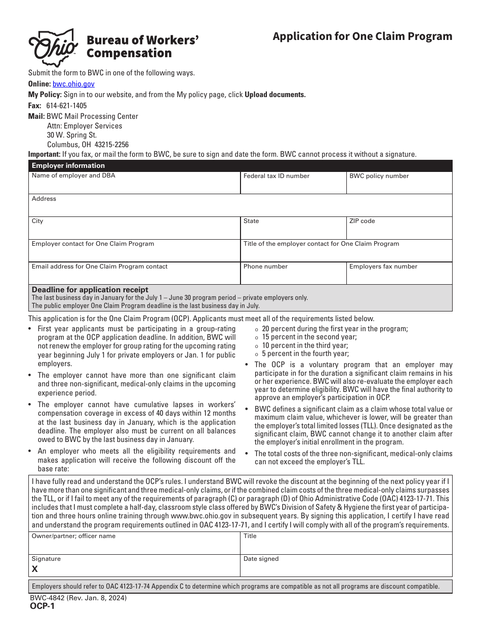 Form OCP-1 (BWC-4842) Application for One Claim Program - Ohio, Page 1