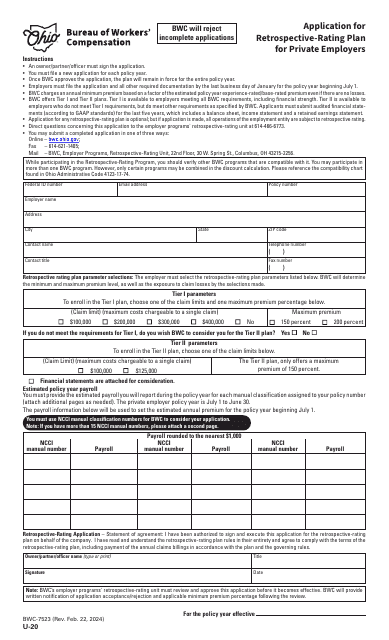 Form U-20 (BWC-7523) Application for Retrospective-Rating Plan for Private Employers - Ohio