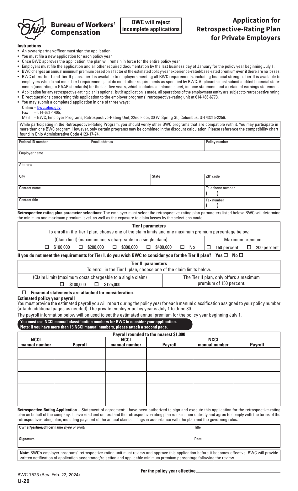 Form U-20 (BWC-7523) Application for Retrospective-Rating Plan for Private Employers - Ohio, Page 1