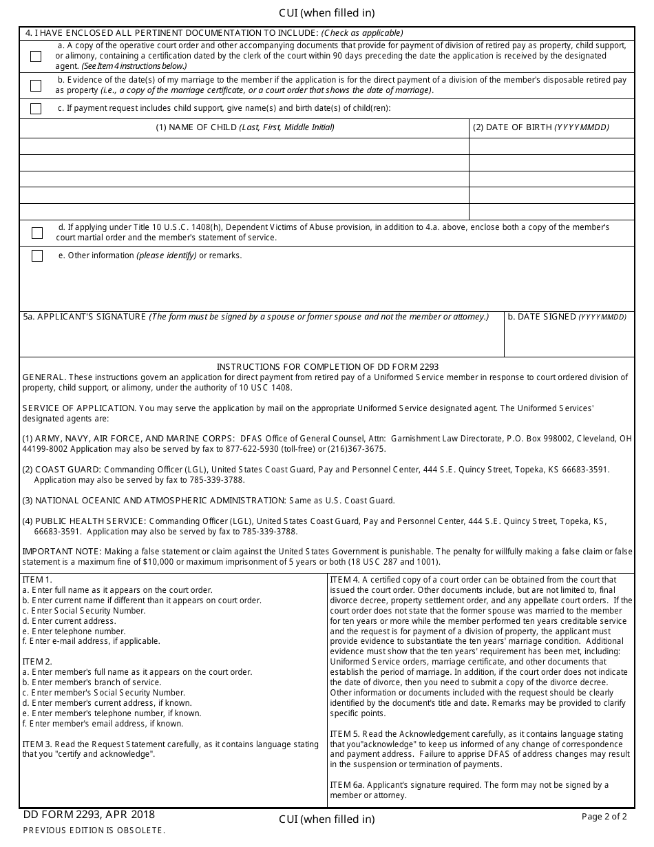 DD Form 2293 Application for Former Spouse Payments From Retired Pay, Page 2