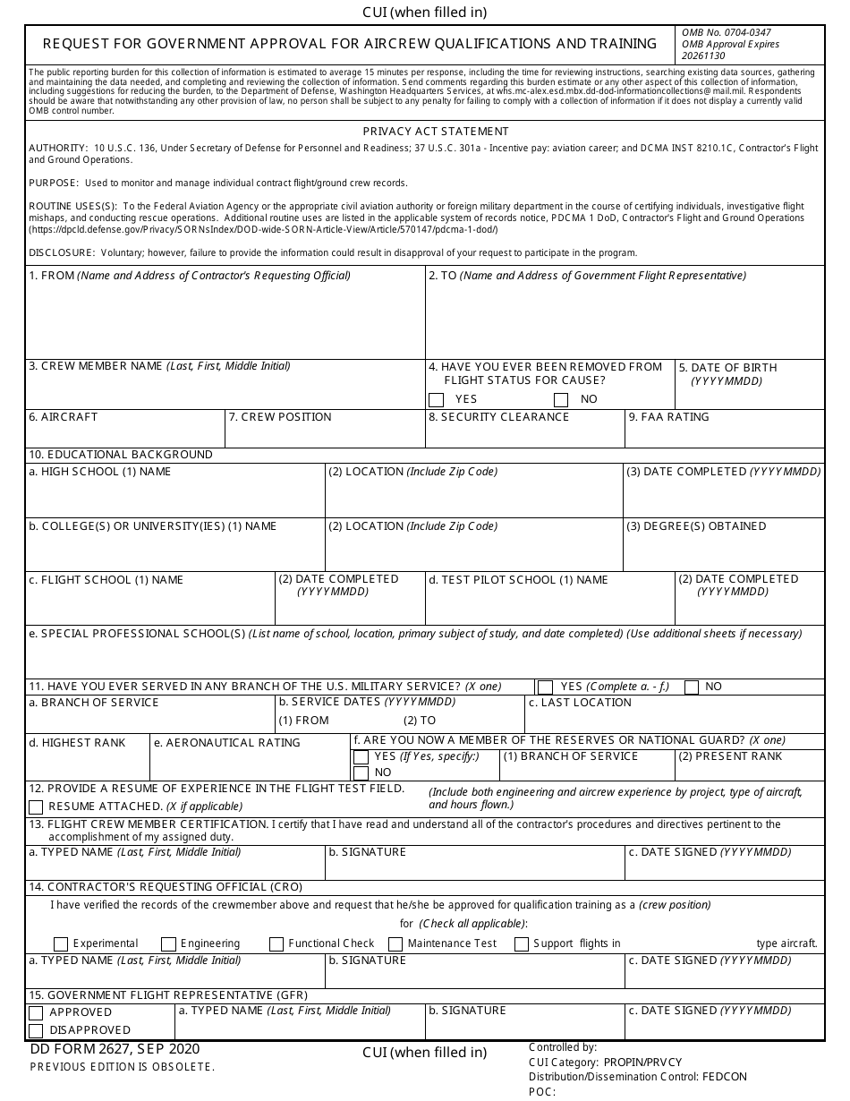 DD Form 2627 Request for Government Approval for Aircrew Qualifications and Training, Page 1