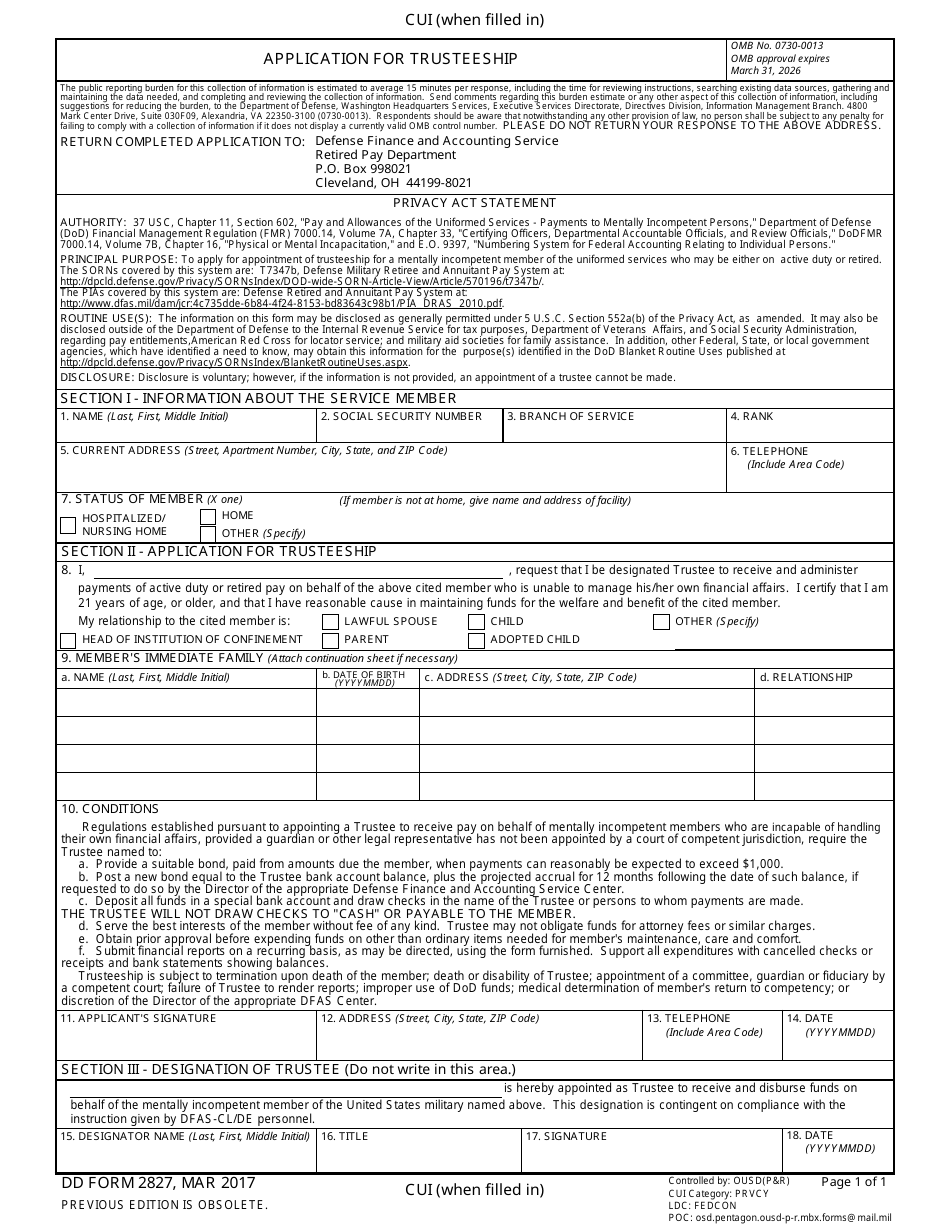 DD Form 2827 Application for Trusteeship, Page 1