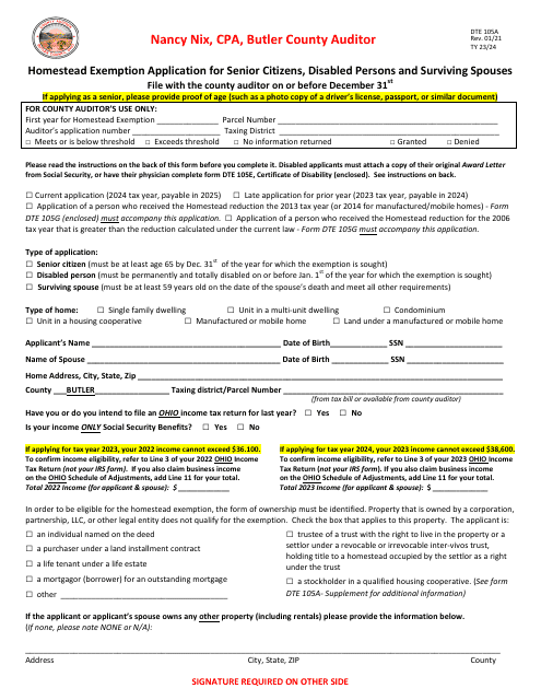 Form DTE105A Homestead Exemption Application for Senior Citizens, Disabled Persons and Surviving Spouses - Butler County, Ohio, 2024