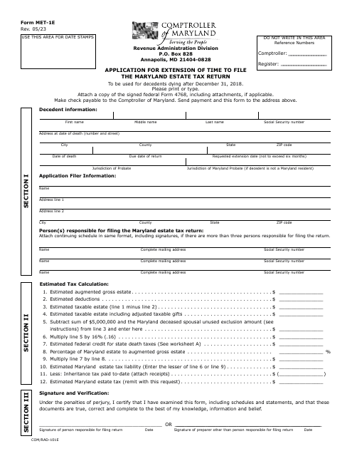 Form MET-1E Application for Extension of Time to File the Maryland Estate Tax Return - Maryland
