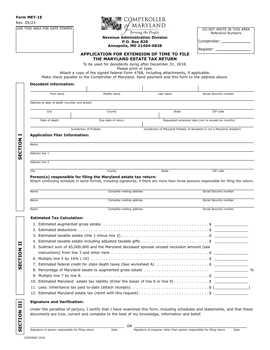 Form MET-1E Application for Extension of Time to File the Maryland Estate Tax Return - Maryland, Page 1