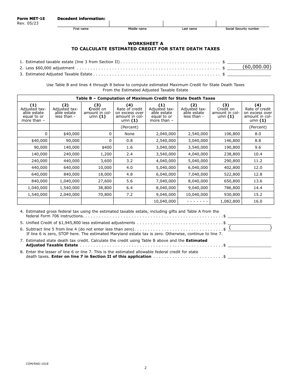 Form MET-1E Application for Extension of Time to File the Maryland Estate Tax Return - Maryland, Page 2