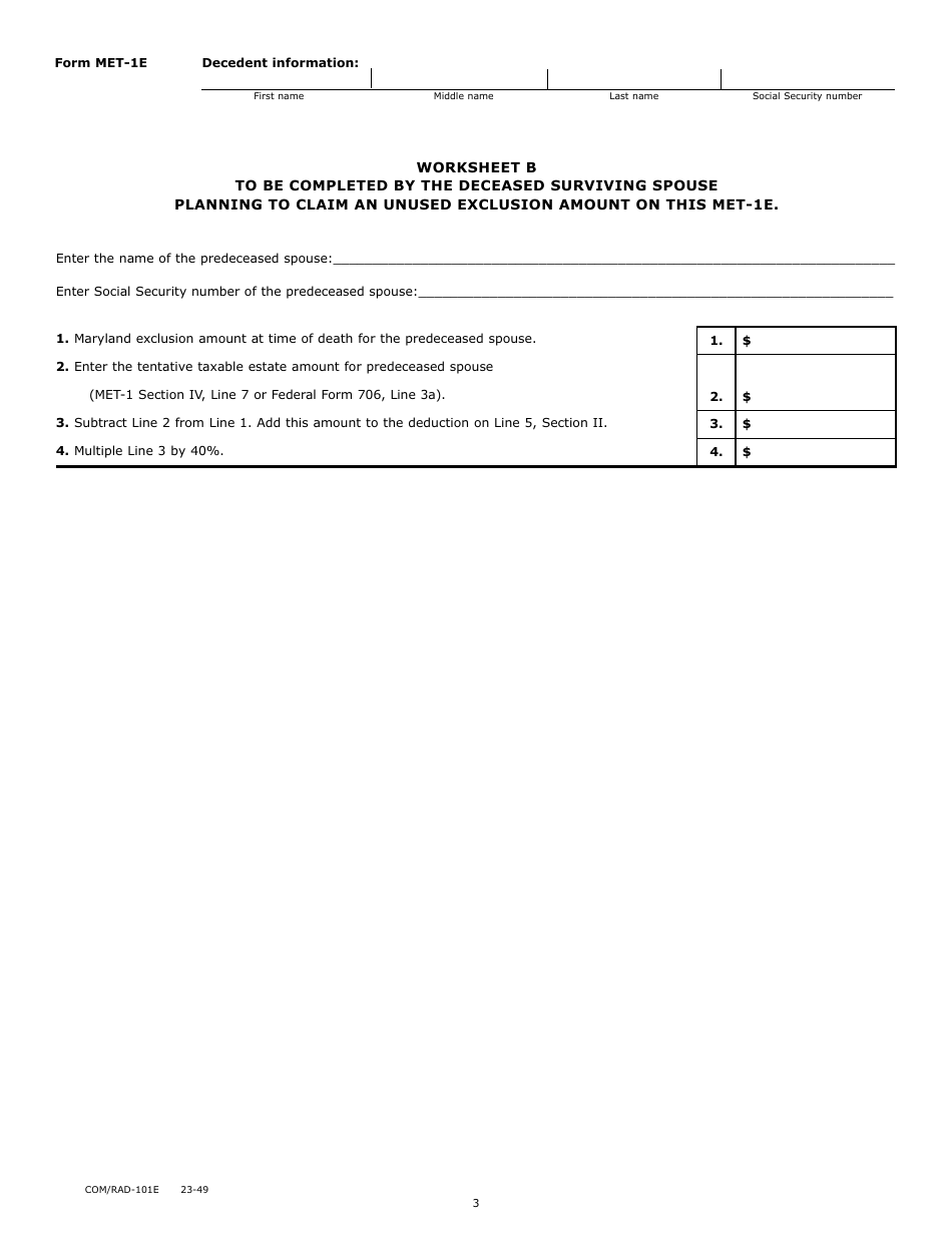 Form MET-1E Application for Extension of Time to File the Maryland Estate Tax Return - Maryland, Page 3