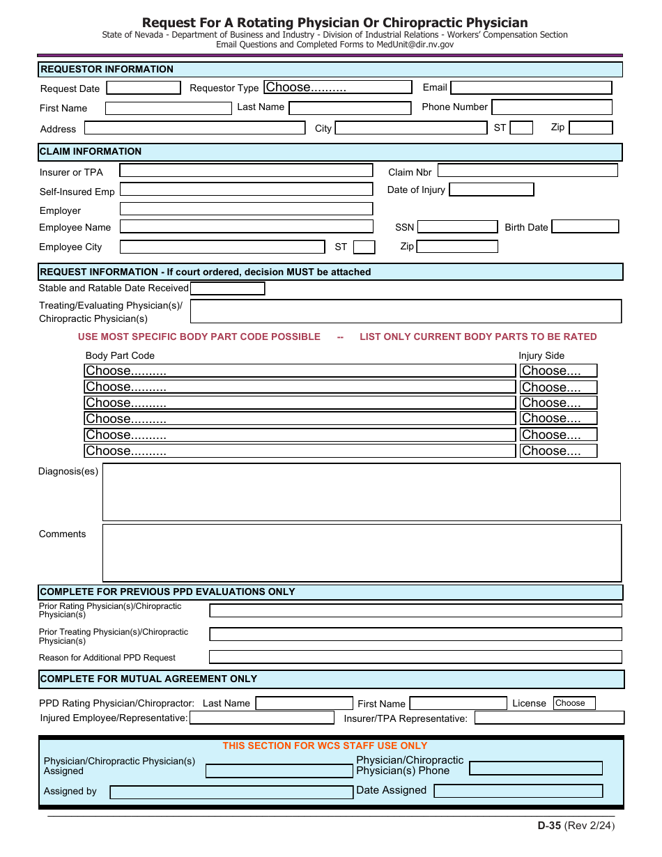 Form D-35 Request for a Rotating Physician or Chiropractic Physician - Nevada, Page 1