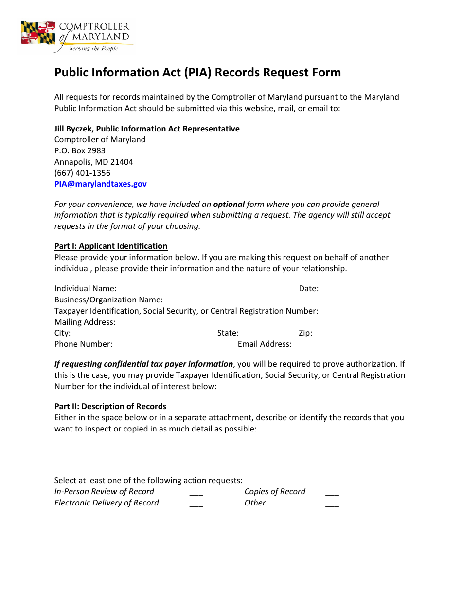 Public Information Act (Pia) Records Request Form - Maryland, Page 1
