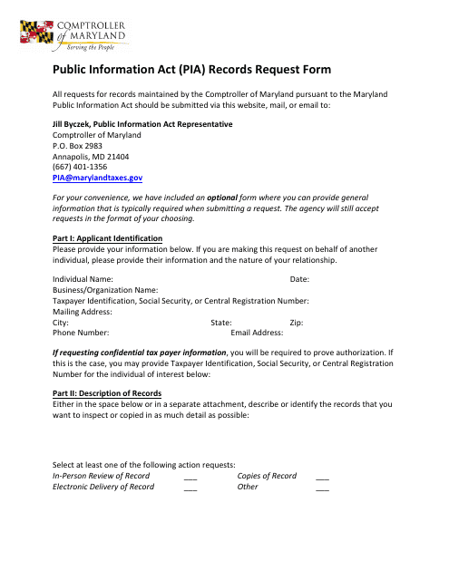 Public Information Act (Pia) Records Request Form - Maryland Download Pdf