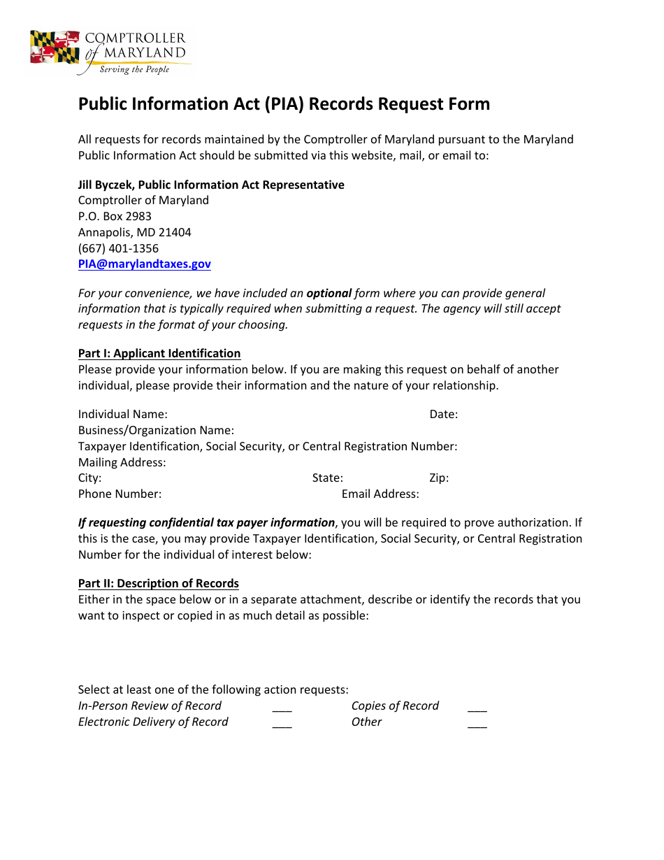 Maryland Public Information Act (Pia) Records Request Form - Fill Out ...