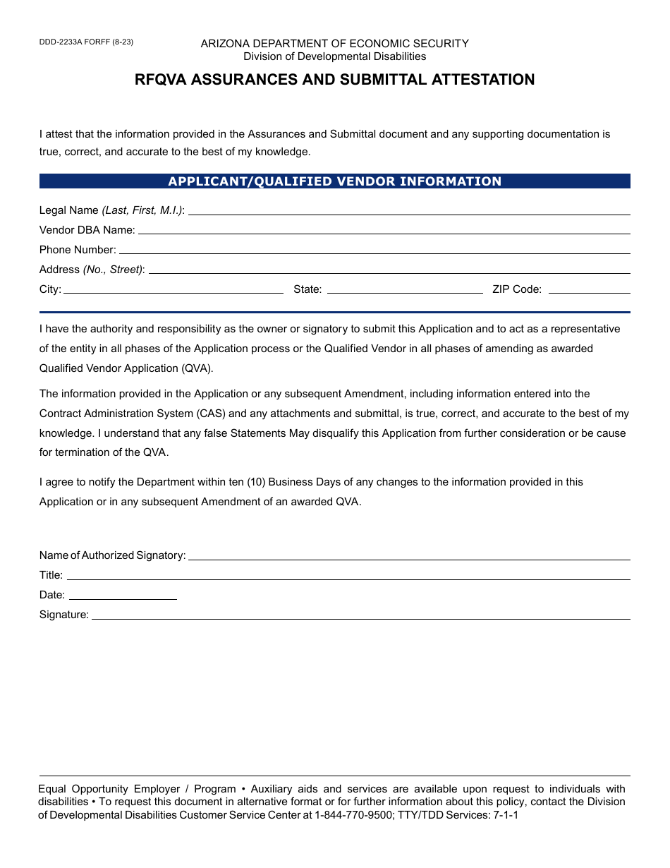 Form DDD-2233A Rfqva Assurances and Submittal Attestation - Arizona, Page 1