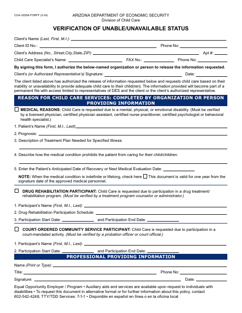 Form CCA-0225A  Printable Pdf