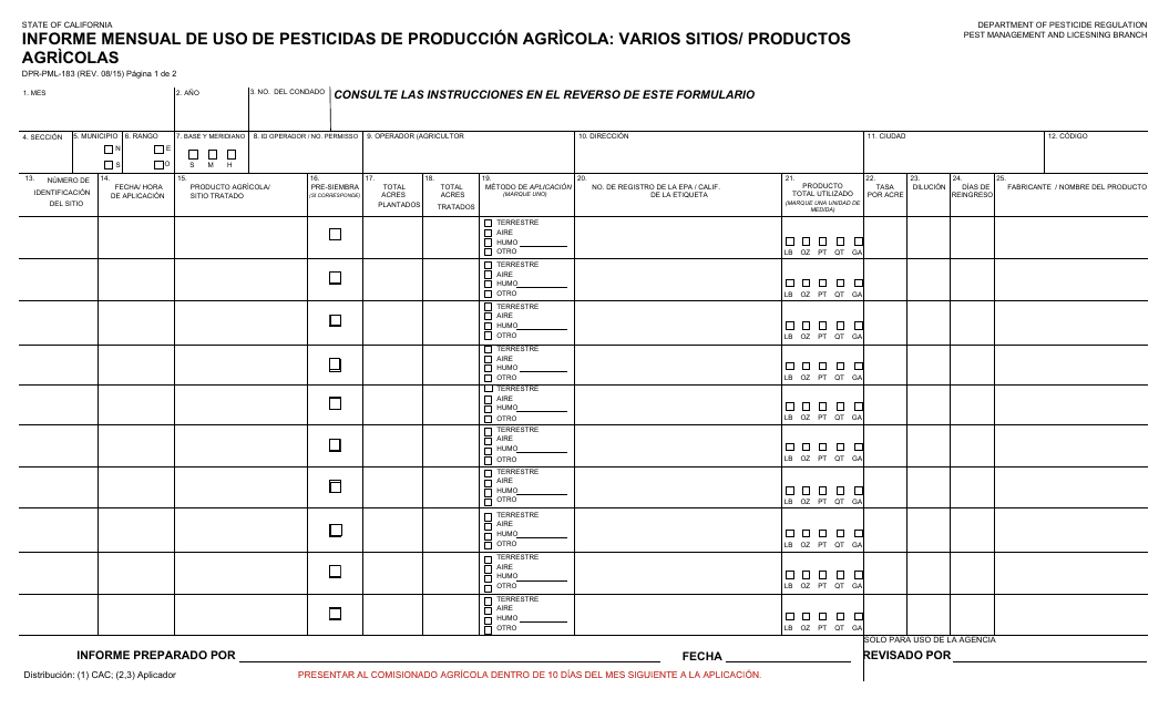 Formulario DPR-PML-183 Informe Mensual De Uso De Pesticidas De Produccion Agricola: Varios Sitios/Productos Agricolas - California (Spanish)
