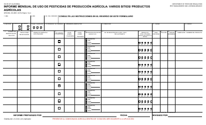 Formulario DPR-PML-183 Informe Mensual De Uso De Pesticidas De Produccion Agricola: Varios Sitios/Productos Agricolas - California (Spanish)