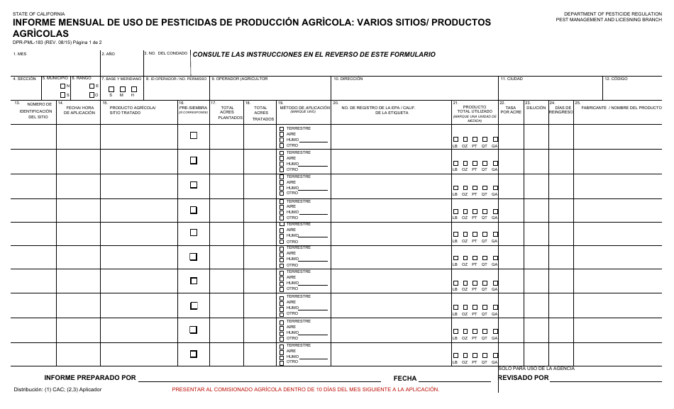 Formulario DPR-PML-183 Informe Mensual De Uso De Pesticidas De Produccion Agricola: Varios Sitios / Productos Agricolas - California (Spanish), Page 1