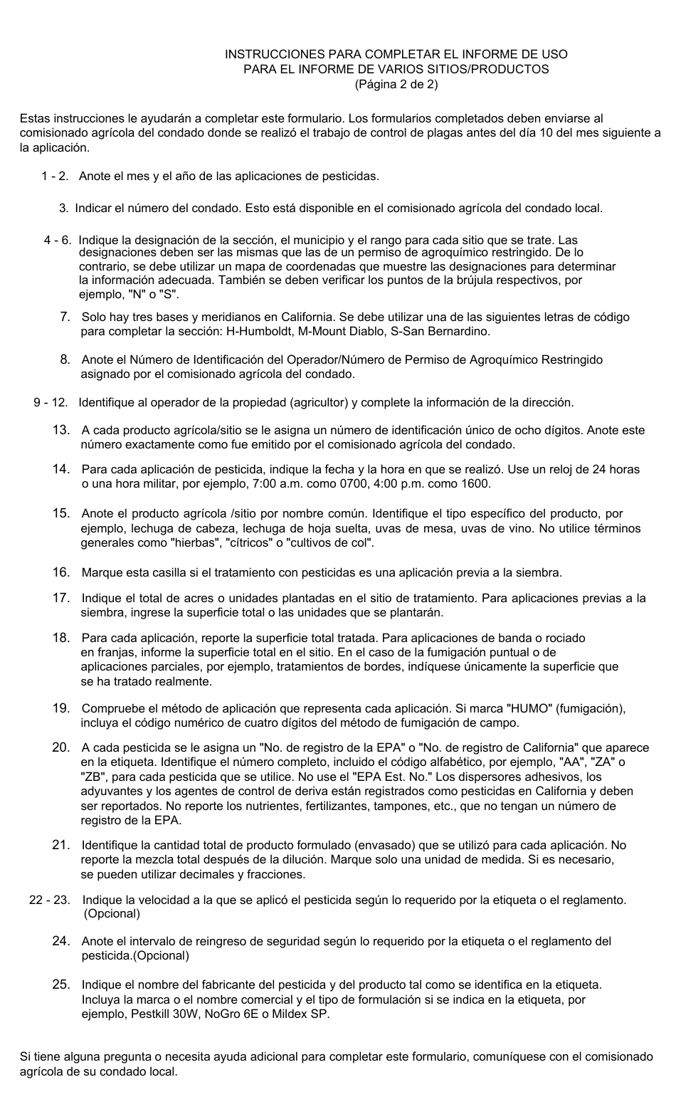 Formulario DPR-PML-183 Informe Mensual De Uso De Pesticidas De Produccion Agricola: Varios Sitios / Productos Agricolas - California (Spanish), Page 2