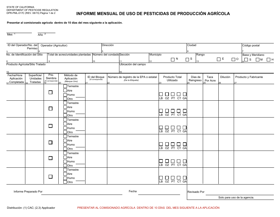 Formulario DPR-PML-017C Informe Mensual De Uso De Pesticidas De Produccion Agricola - California (Spanish), Page 1