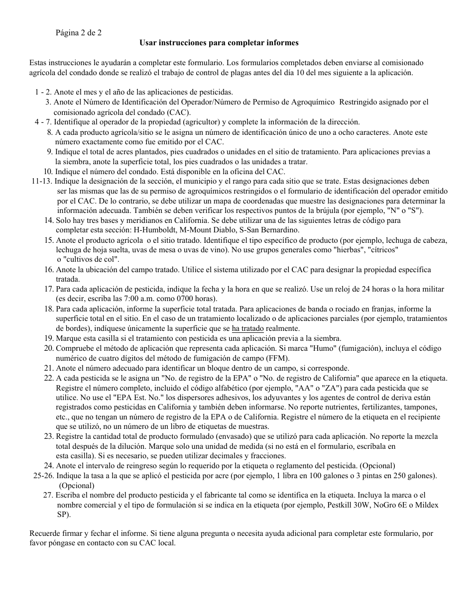 Formulario DPR-PML-017C Informe Mensual De Uso De Pesticidas De Produccion Agricola - California (Spanish), Page 2