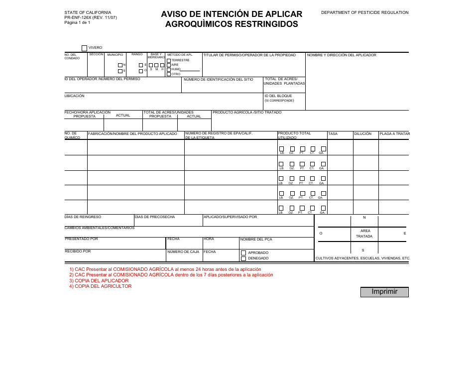 Formulario PR-ENF-126X Aviso De Intencion De Aplicar Agroquimicos Restringidos - California (Spanish), Page 1