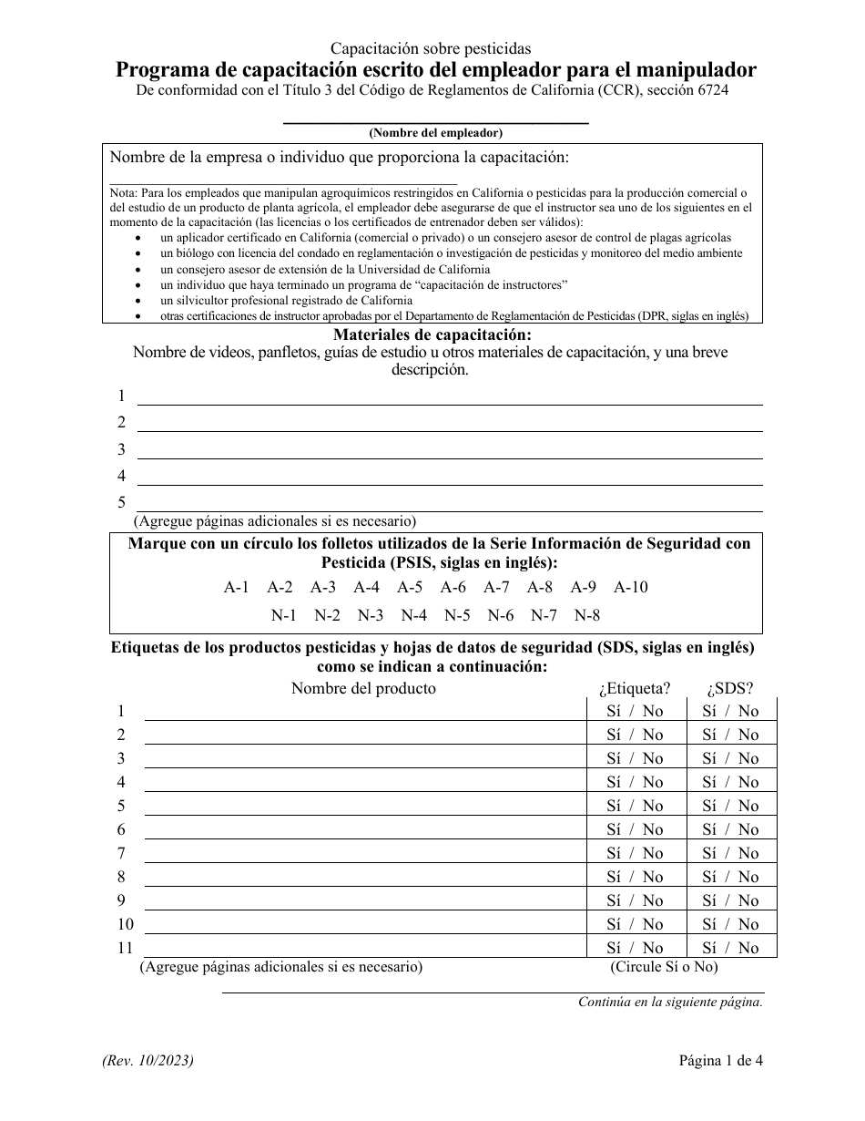 Programa De Capacitacion Escrito Del Empleador Para El Manipulador - California (Spanish), Page 1