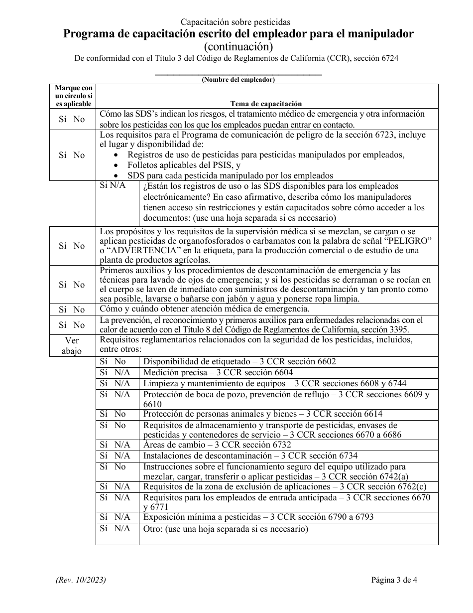 Programa De Capacitacion Escrito Del Empleador Para El Manipulador - California (Spanish), Page 3